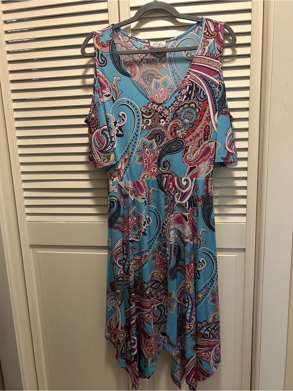 Beige by eci Light Blue Paisley Asymmetrical Cold-Shoulder Dress
